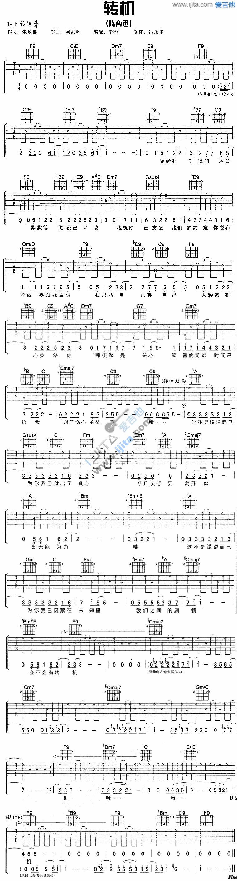 《转机》六线谱吉他谱F转降A调_陈奕迅