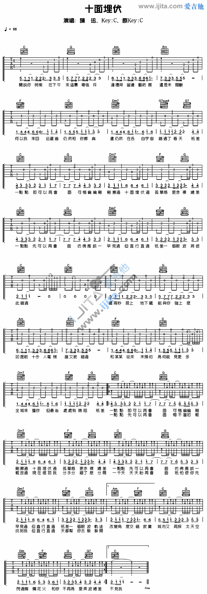 《十面埋伏》六线谱吉他C调_陈奕迅