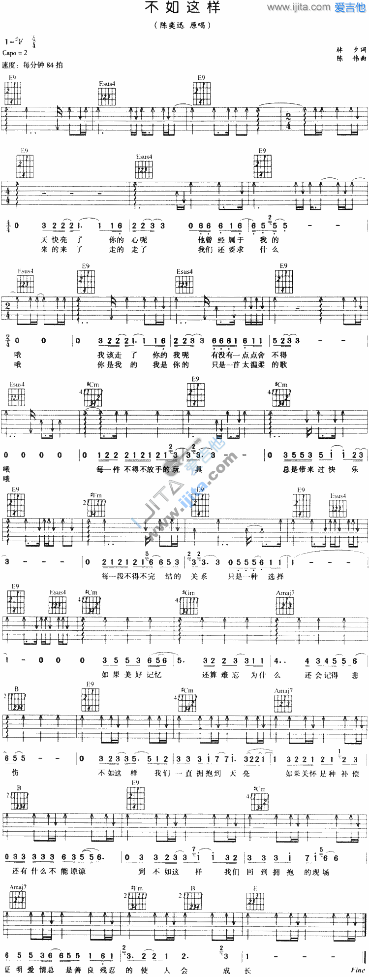 《不如这样》六线谱吉他谱#F调_陈奕迅