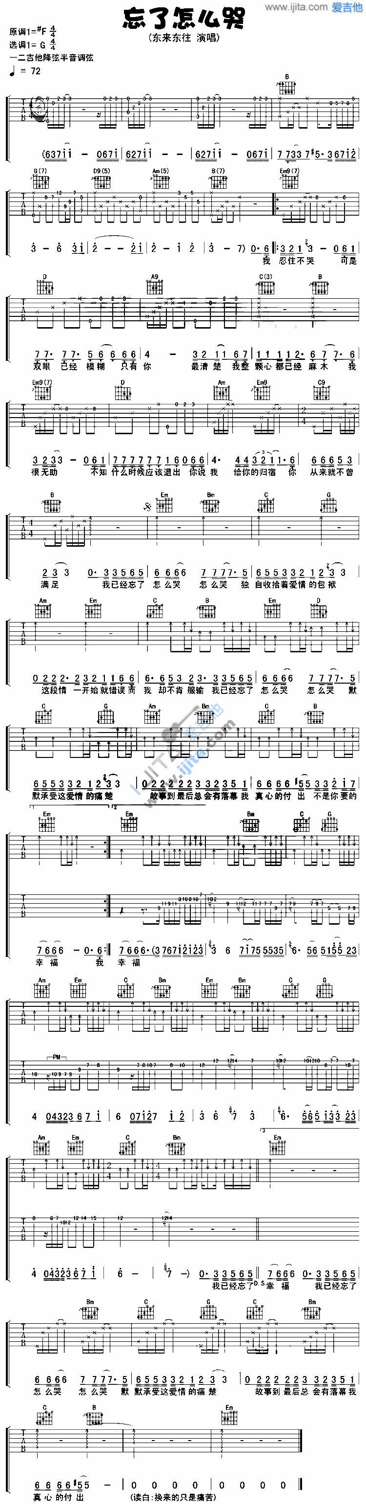 《忘了怎么哭》吉他谱六线谱G调_东来东往