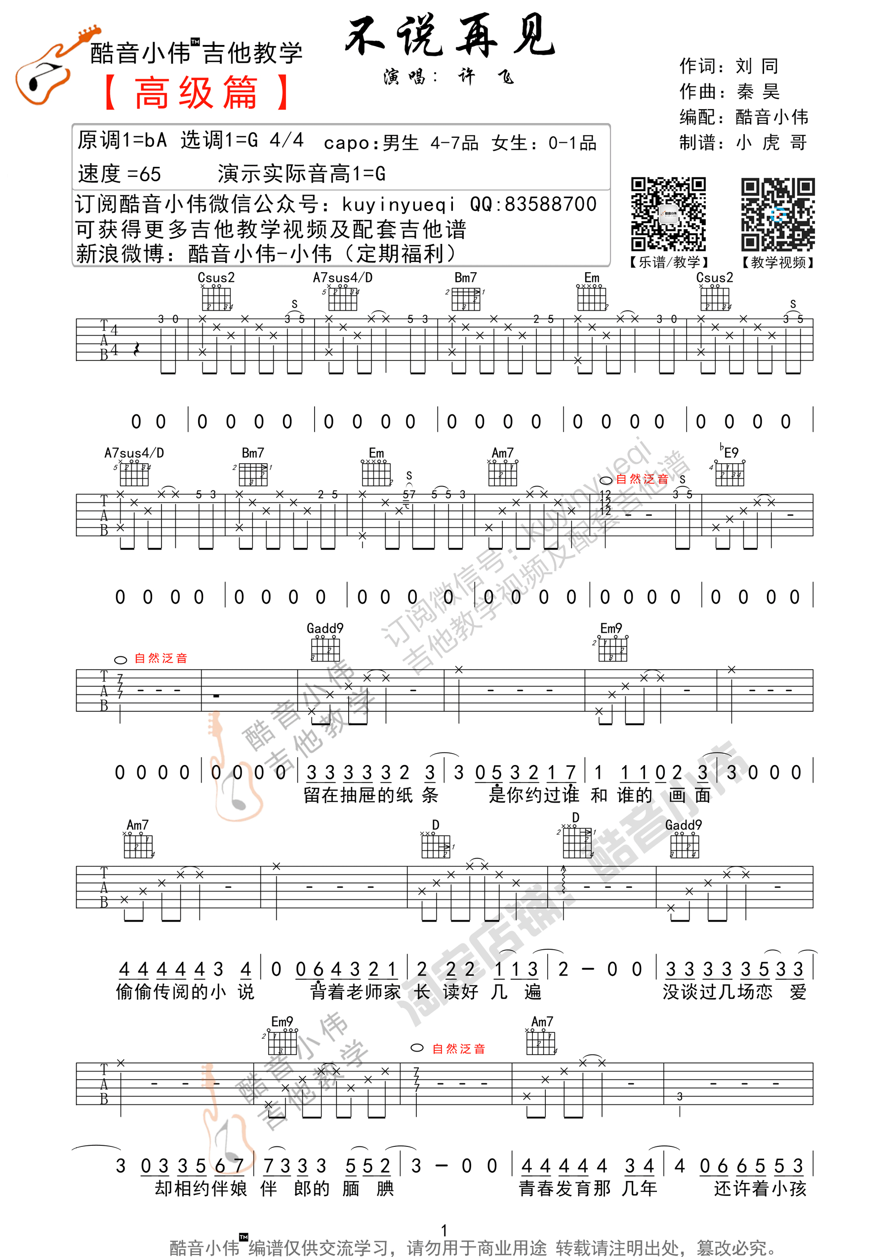 《不说再见》吉他谱六线谱G调原调编配_许飞