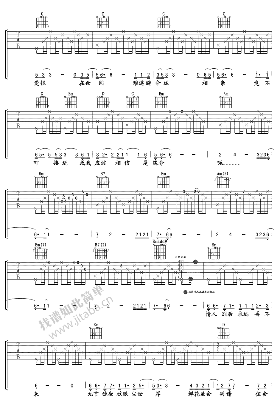 卢冠廷《一生所爱》吉他六线谱