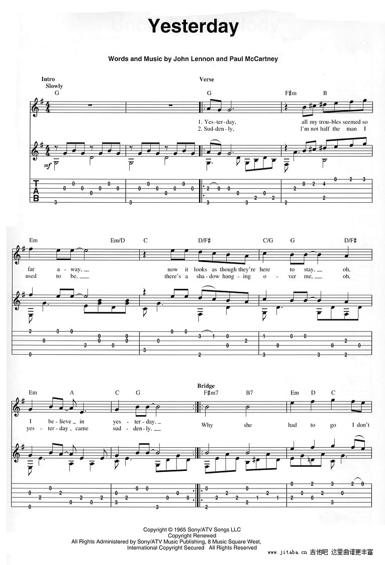 yesterday吉他谱独奏谱