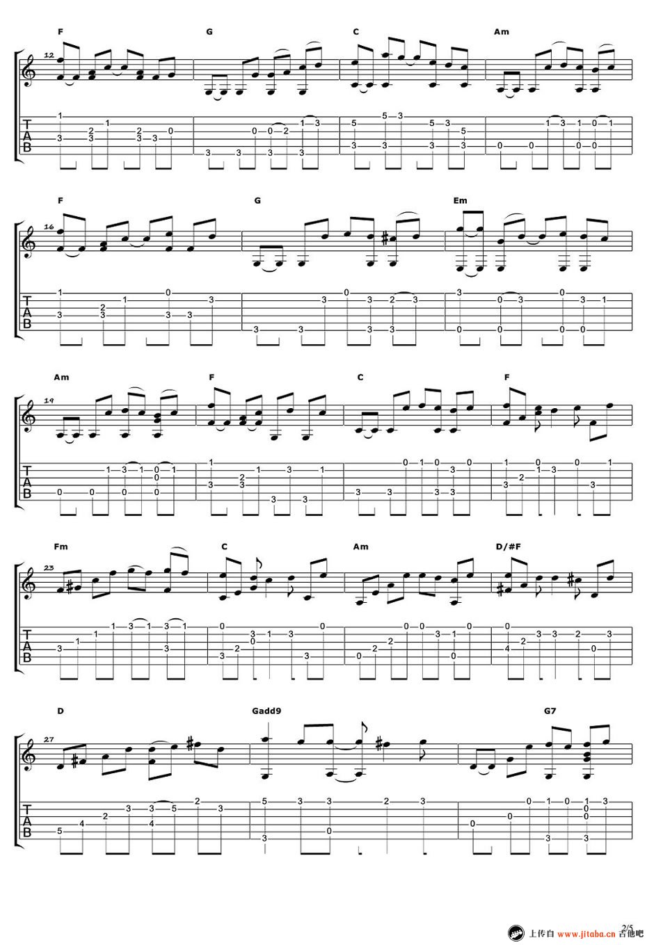 梁静茹《小手拉大手》指弹吉他独奏谱