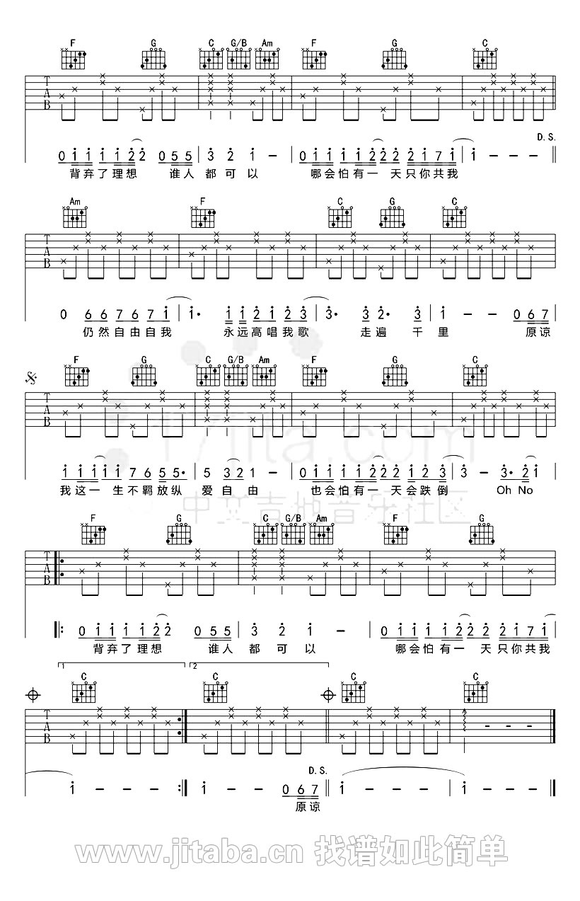 海阔天空吉他弹唱六线谱