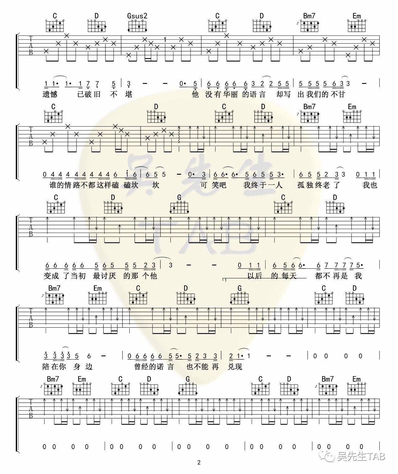 王佳杨《遗憾》_高清吉他谱