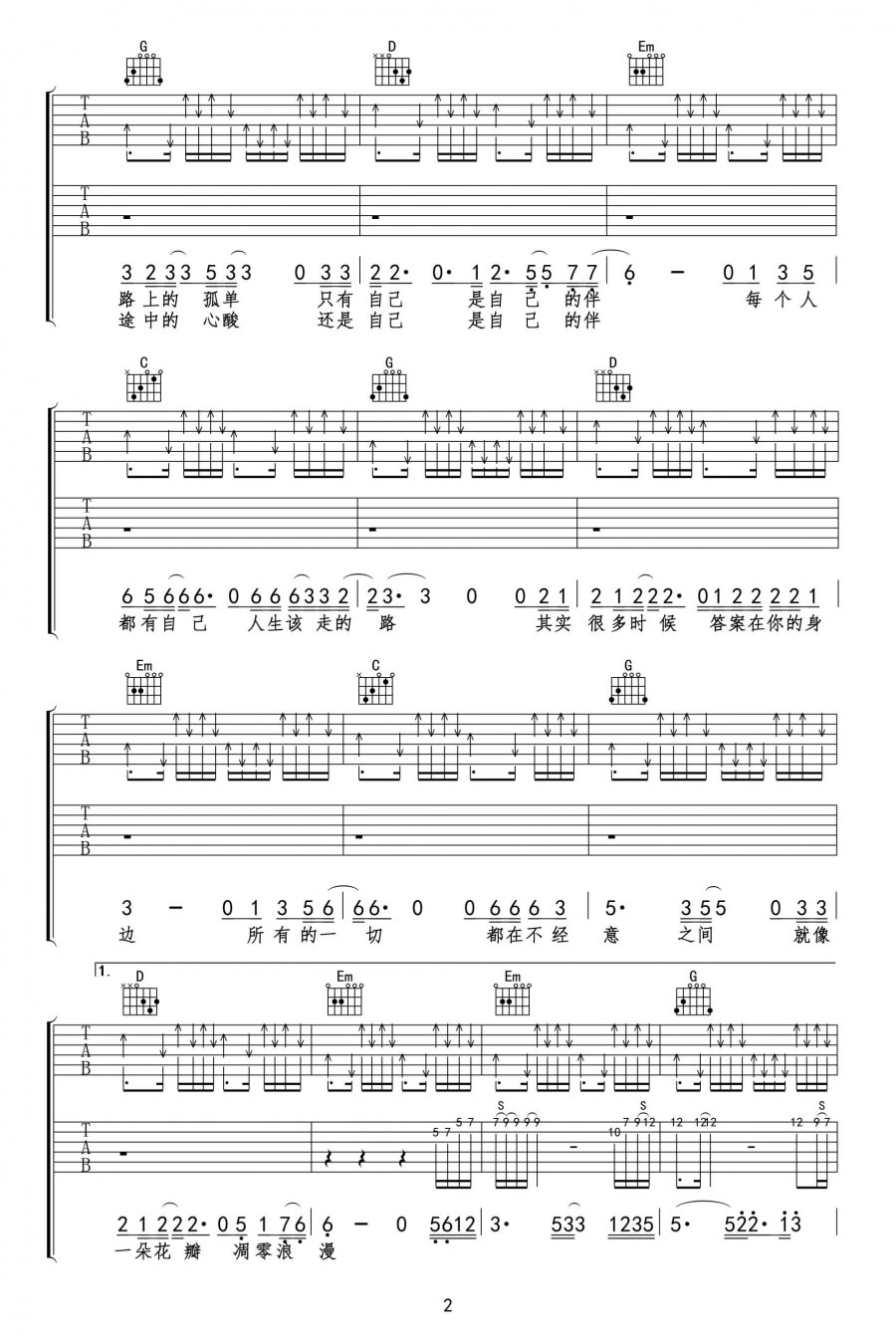 杜青冷漠《该走的路》吉他谱六线谱