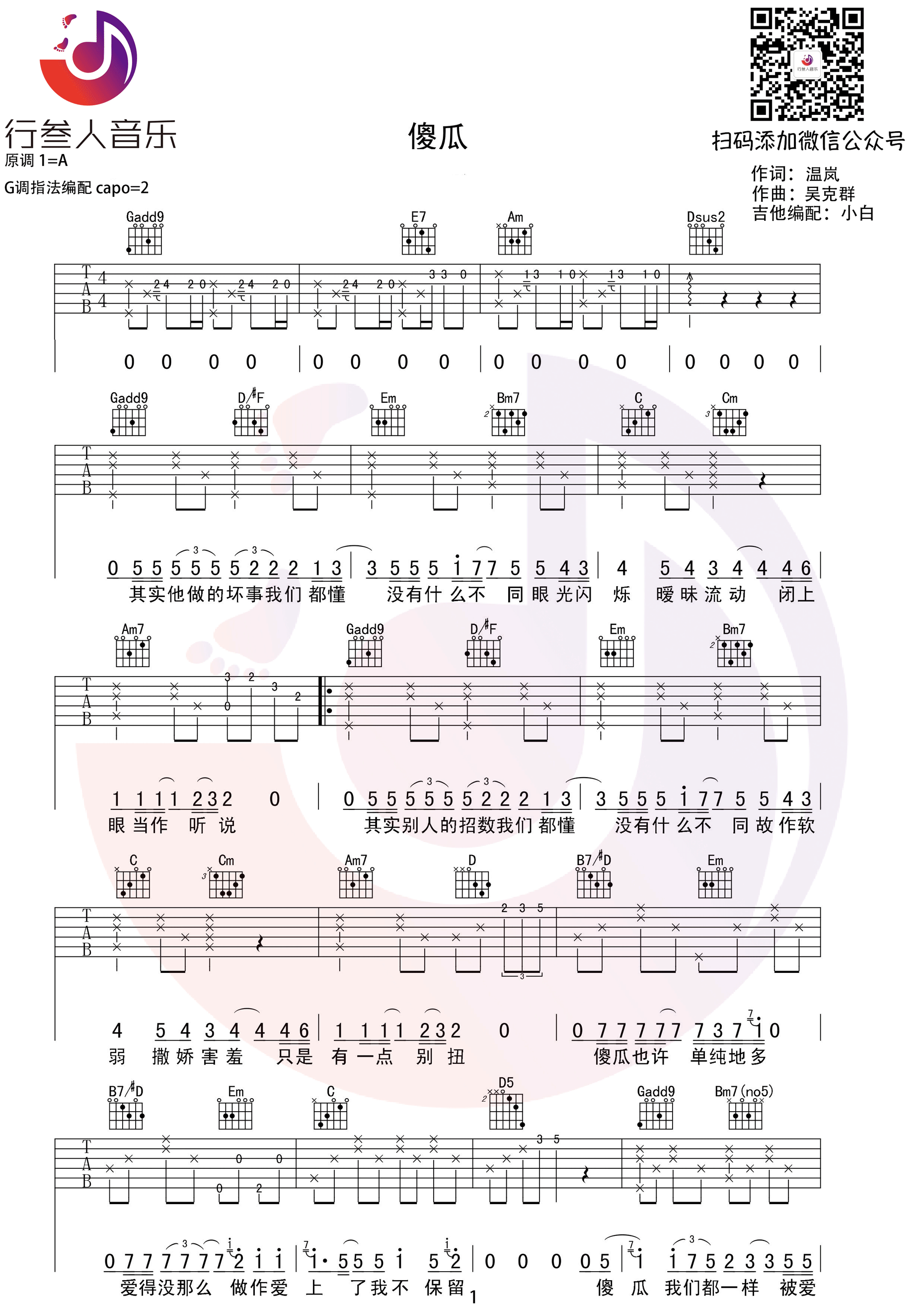 《傻瓜》_高清吉他谱