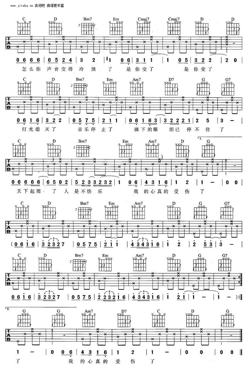 张学友我真的受伤了吉他谱