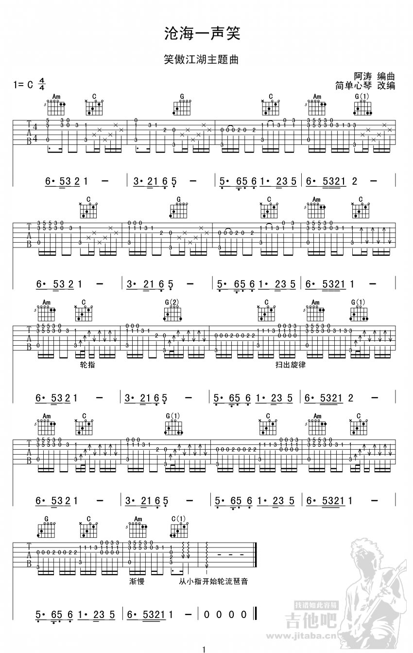 沧海一声笑吉他谱指弹谱