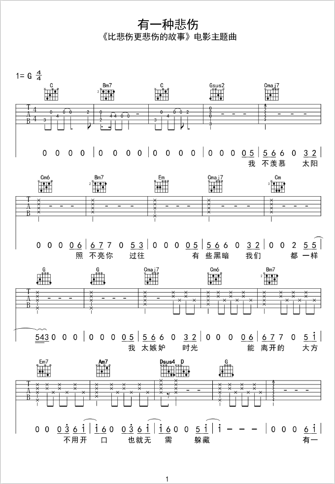 《有一种悲伤》抖音最新_吉他谱