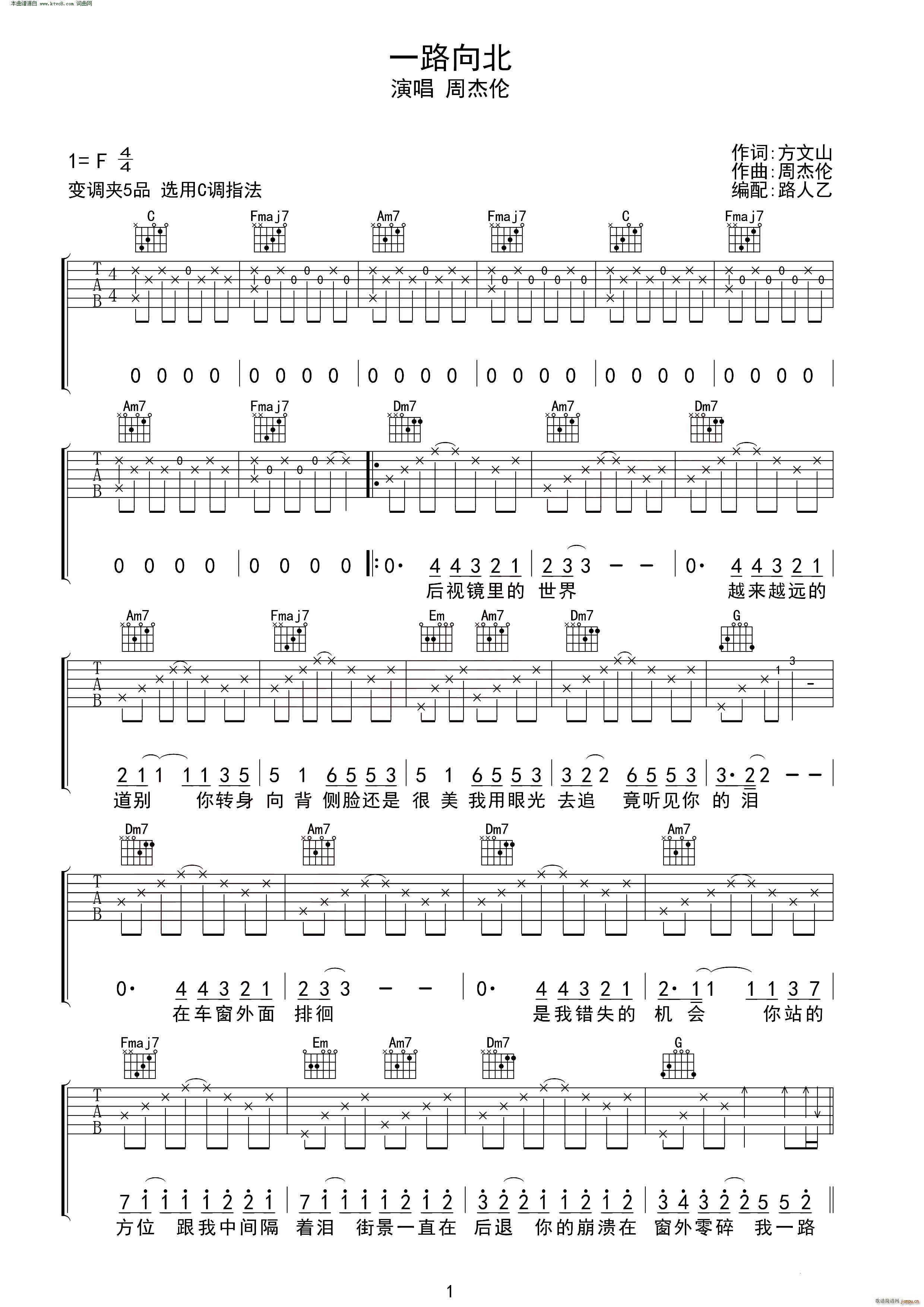 《一路向北》_高清吉他谱
