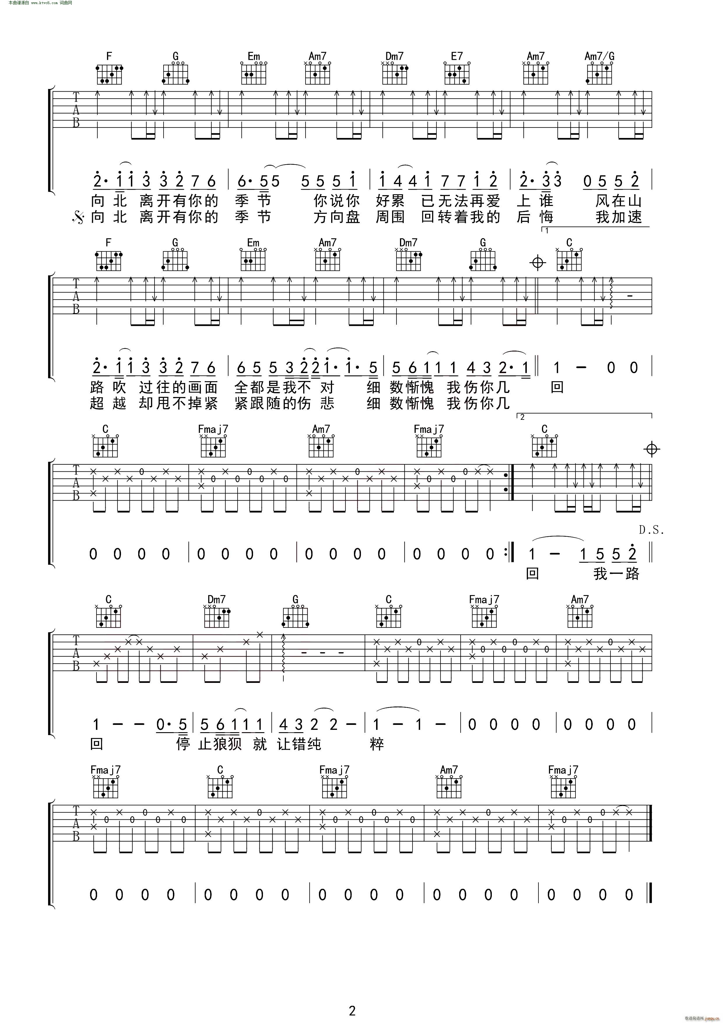 《一路向北》_高清吉他谱