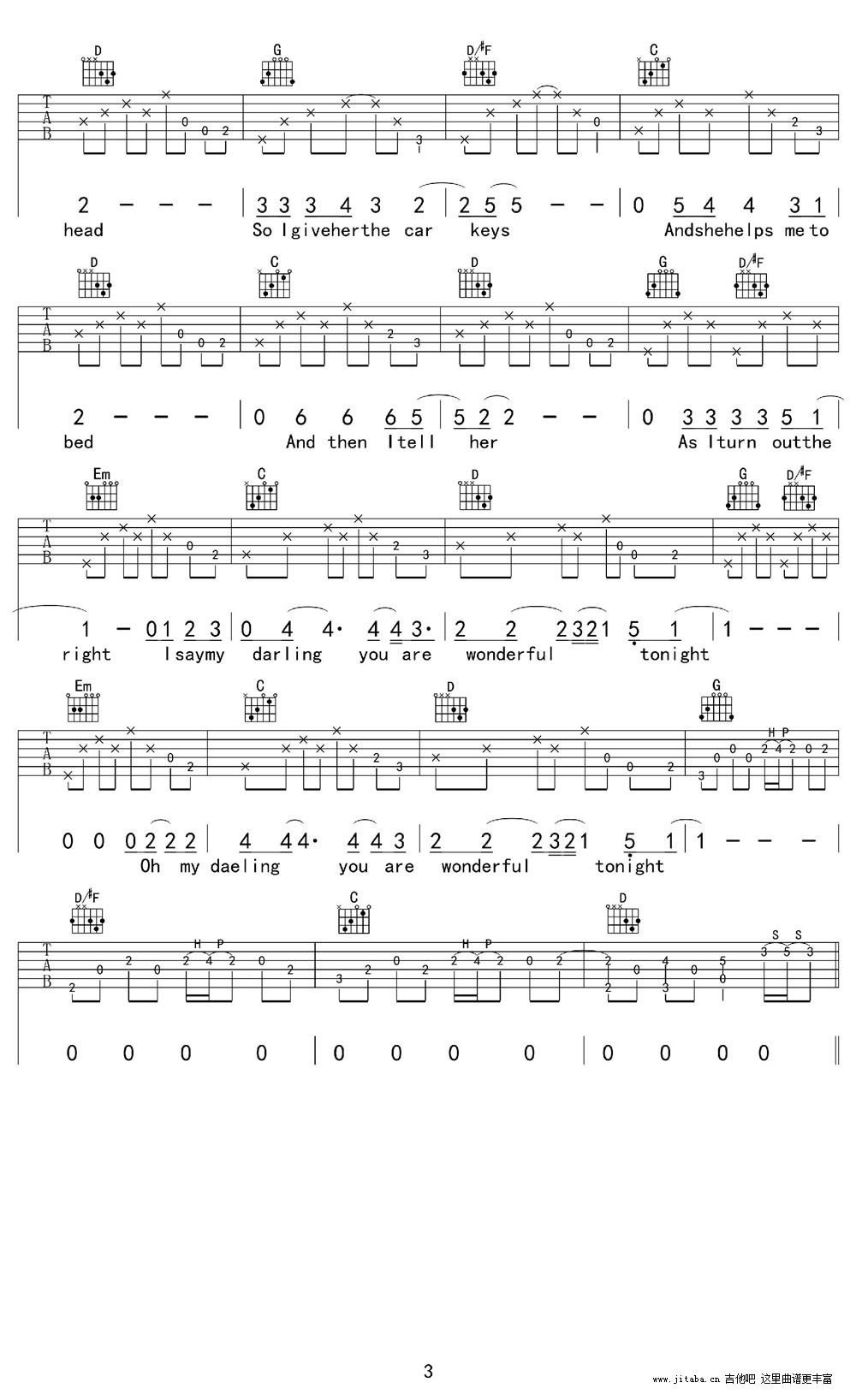 WONDERFUL TONIGHT吉他谱六线谱