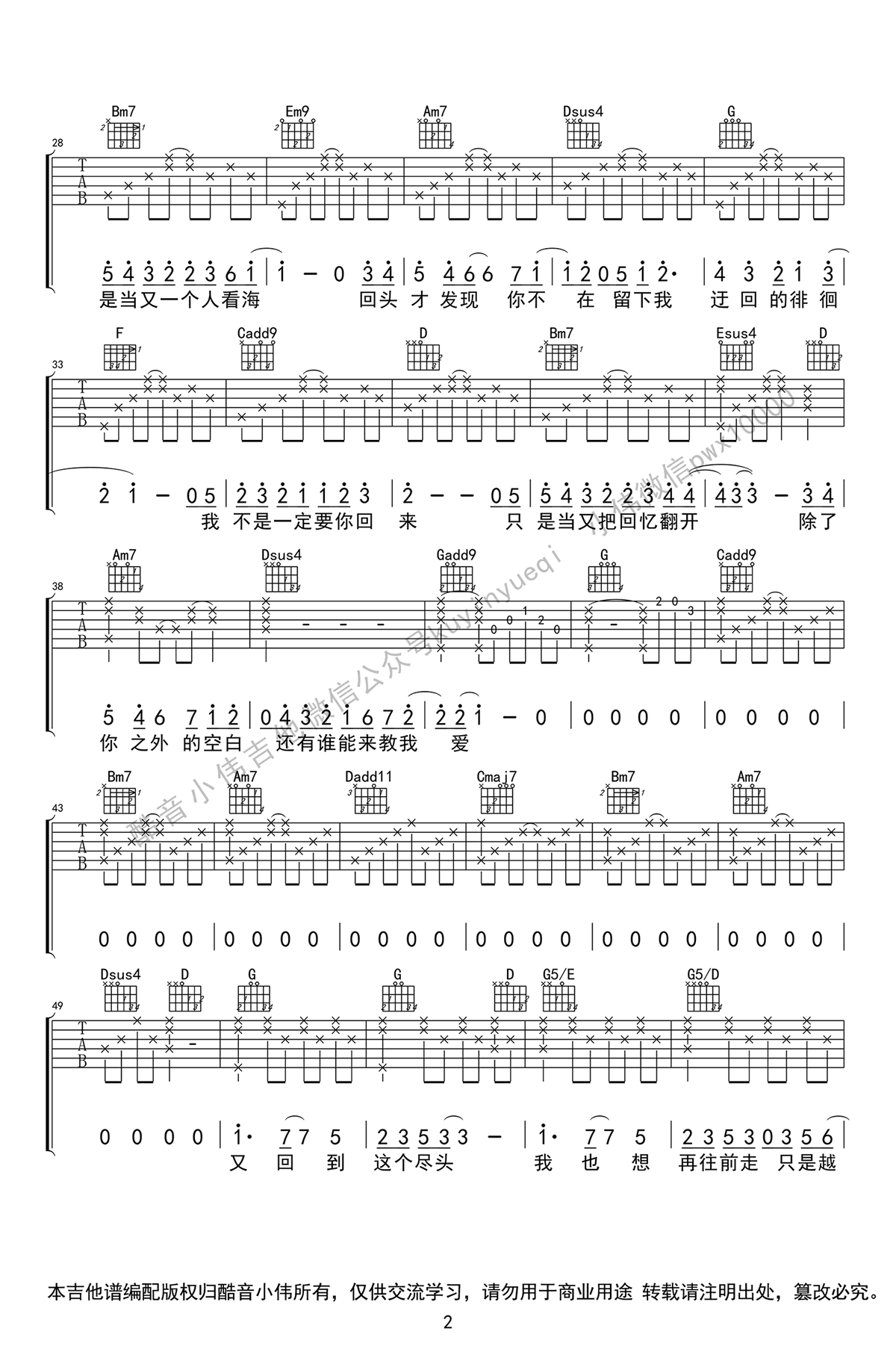 徐佳莹《失落沙洲》吉他弹唱谱