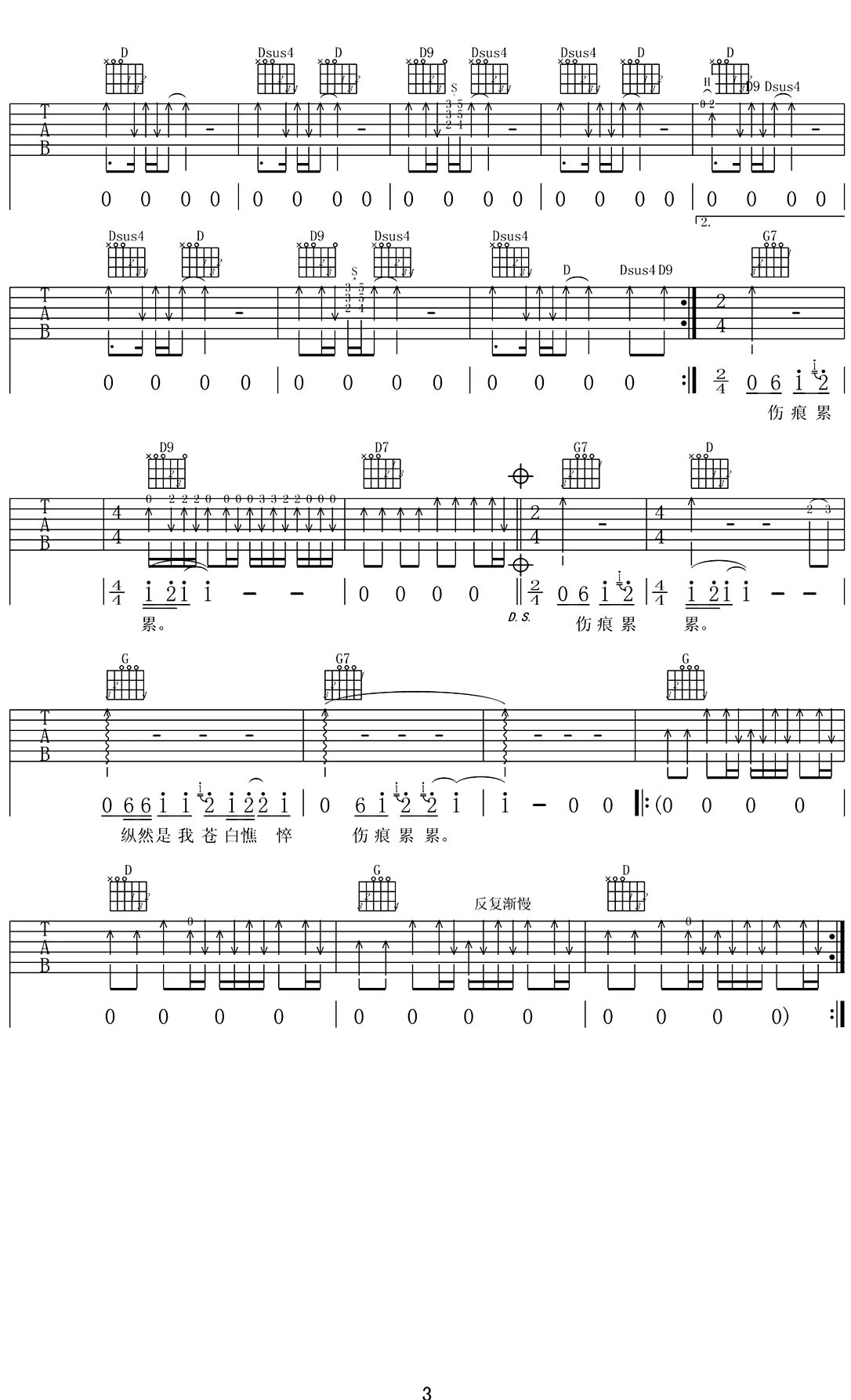 许巍执着吉他谱六线谱