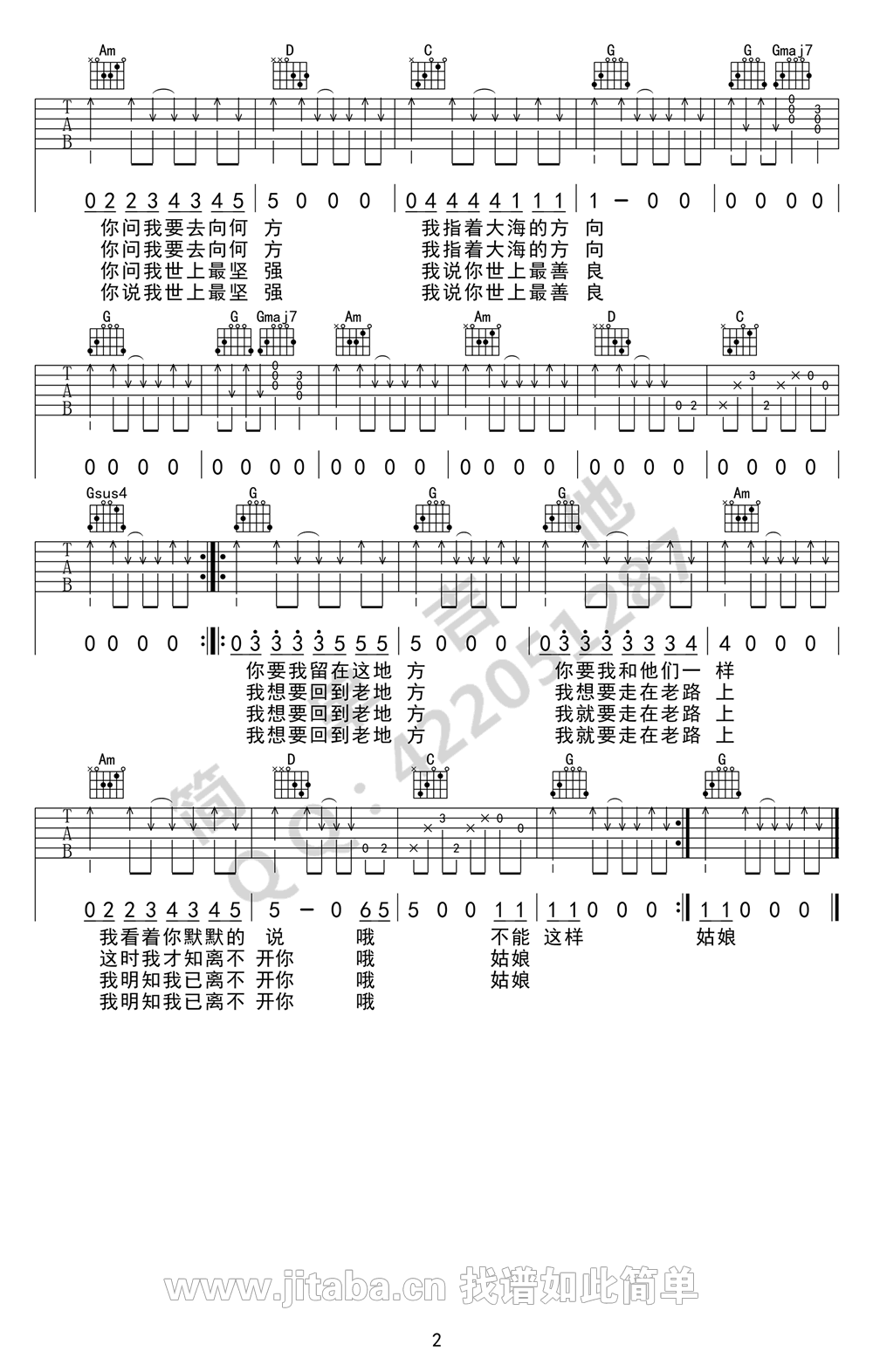崔健《花房姑娘》吉他谱六线谱