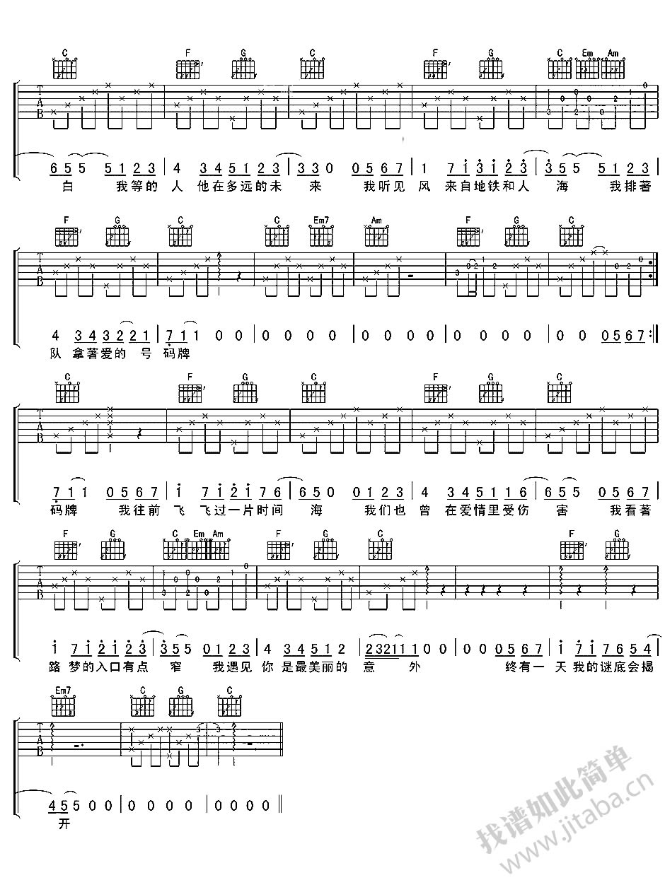 孙燕姿《遇见》吉他谱六线谱