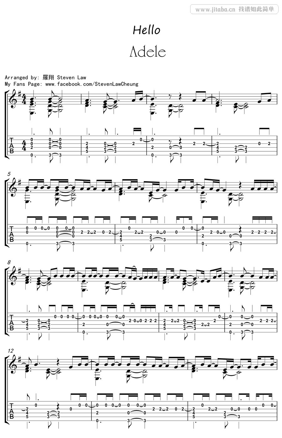 Adele Hello吉他谱(指弹独奏谱)_Adele