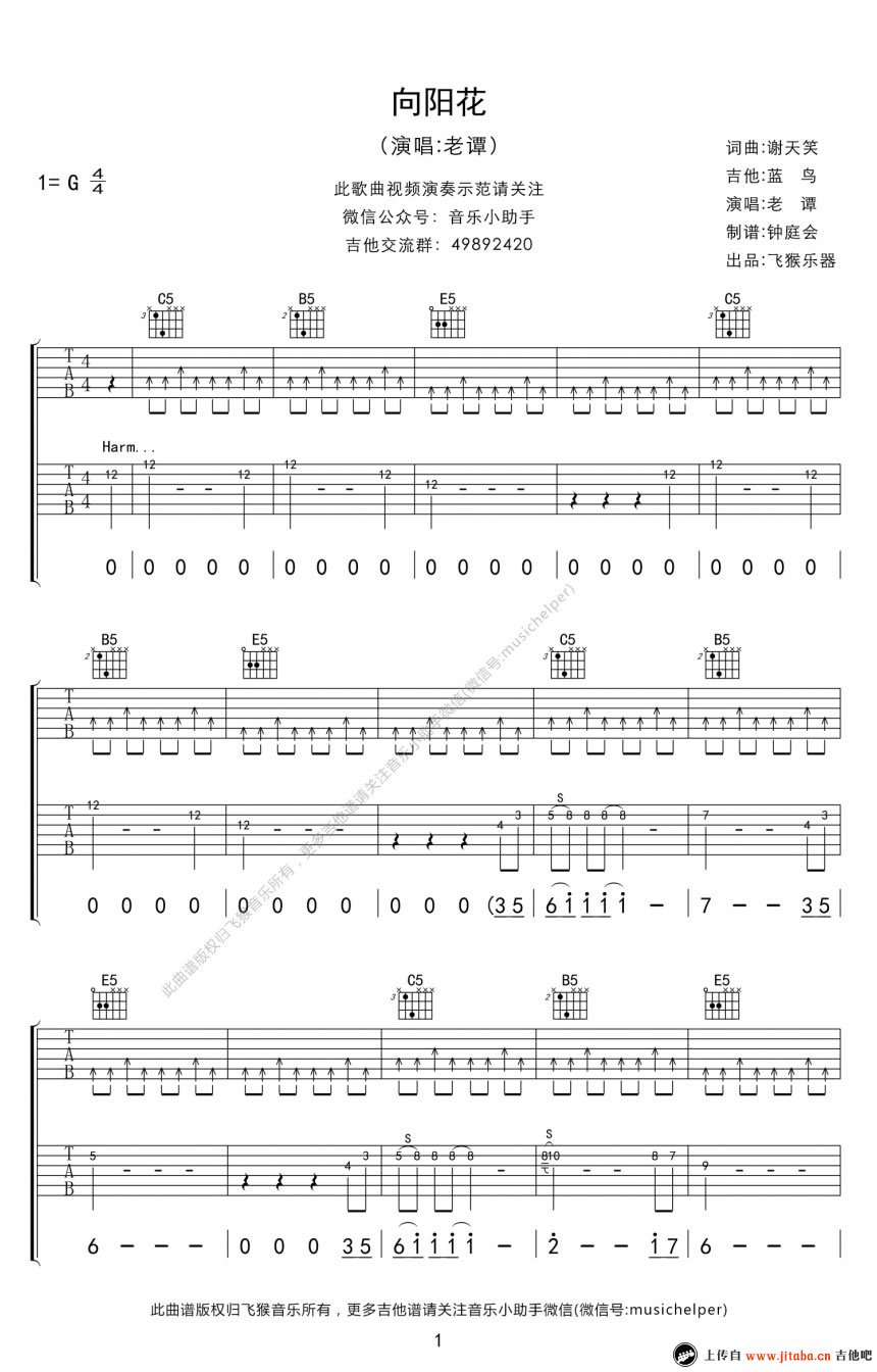 谢天笑 向阳花吉他谱