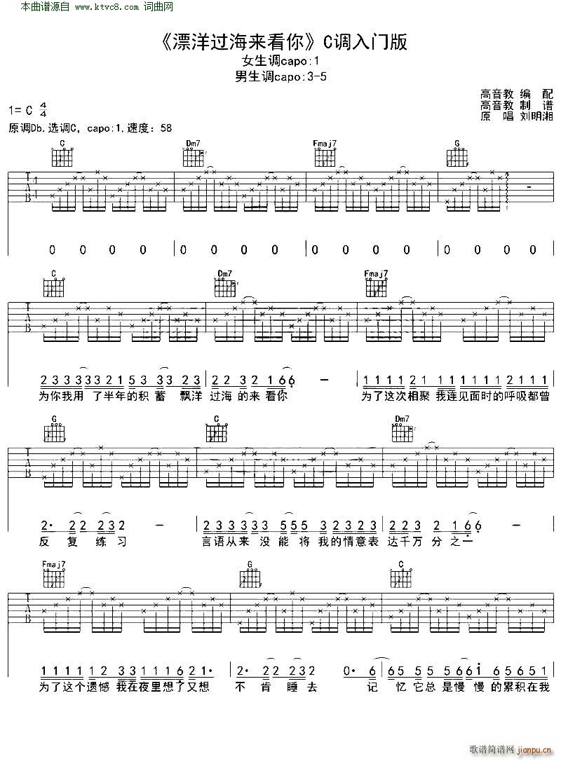 《漂洋过海来看你》_高清吉他谱