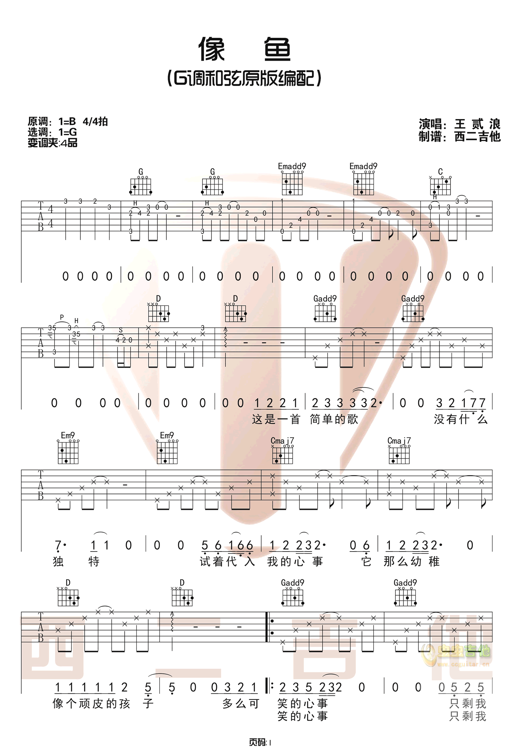 《像鱼》王贰浪- 吉他谱