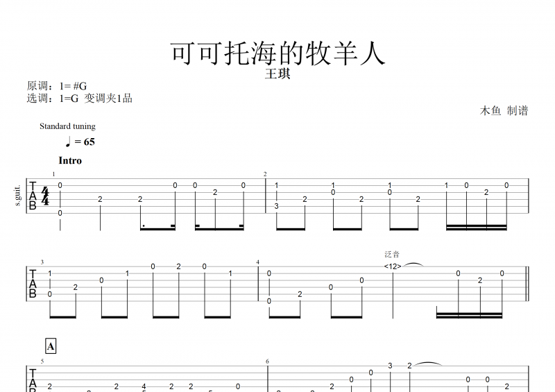 王琪-可可托海的牧羊人吉他谱指弹( 独奏曲 ) 