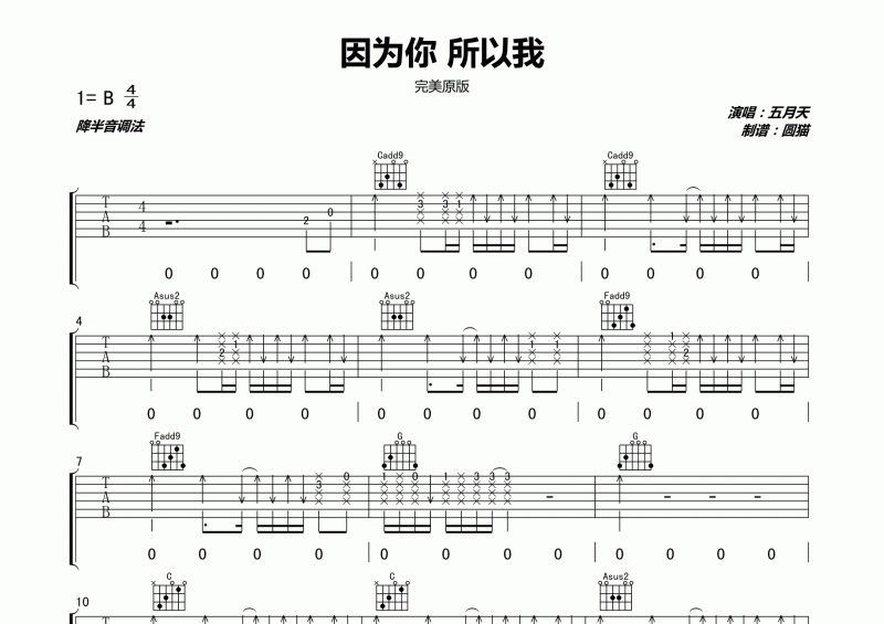 五月天-因为你所以我吉他谱(完美原版)B调弹唱谱