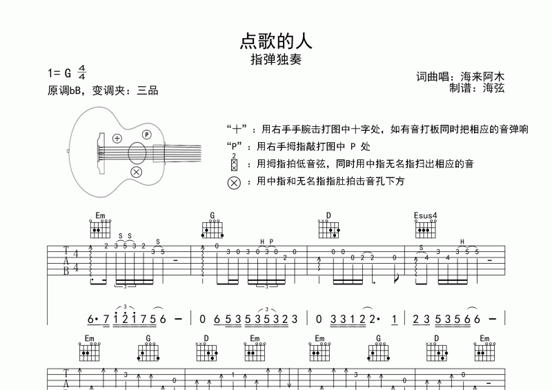 海来阿木-点歌的人指弹吉他谱