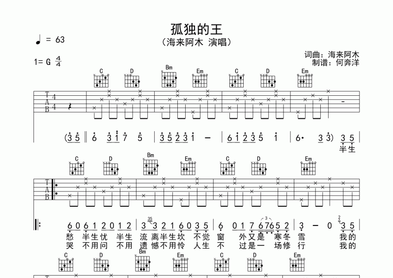 海来阿木《孤独的王》吉他谱六线谱G调弹唱