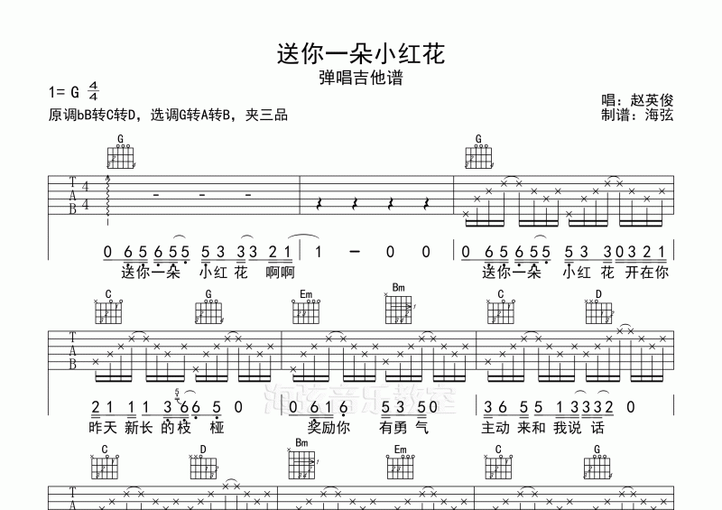 赵英俊《送你一朵小红花》弹唱吉他谱G调