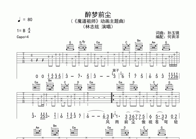 林志炫《醉梦前尘》原版吉他谱六线谱