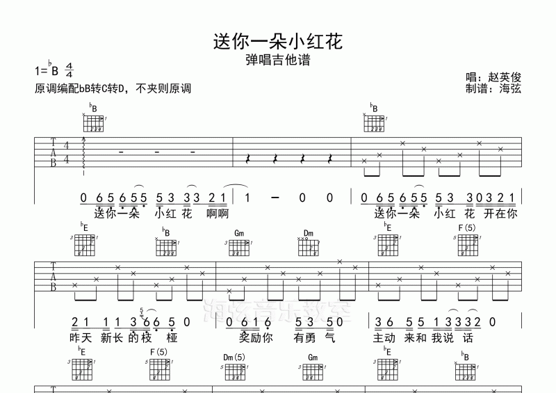 赵英俊-送你一朵小红花弹唱吉他谱原调编配