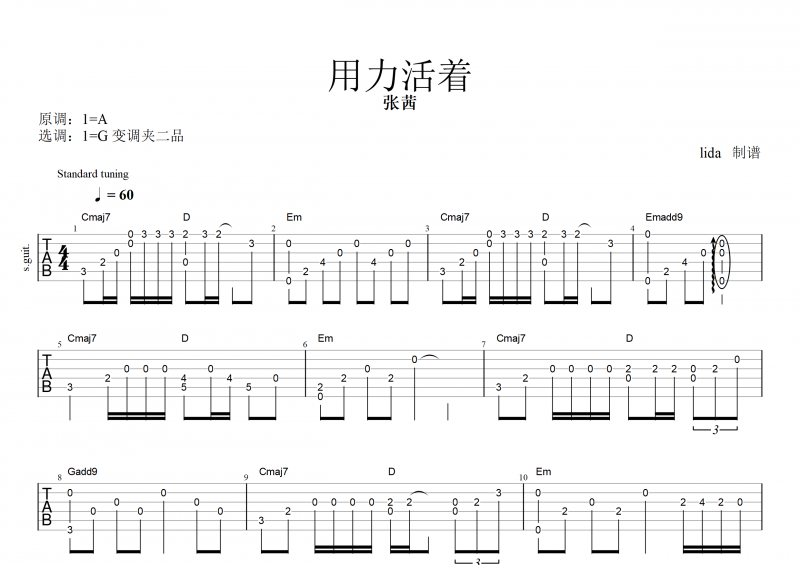 张茜-用力活着吉他谱指弹(独奏曲)