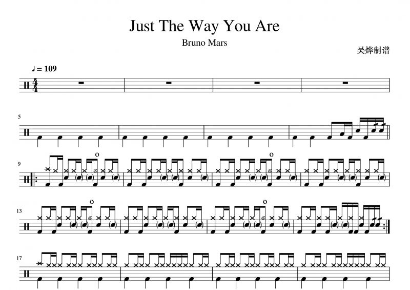 Bruno Mars/火星哥-Just the Way You Are架子鼓谱爵士鼓曲谱