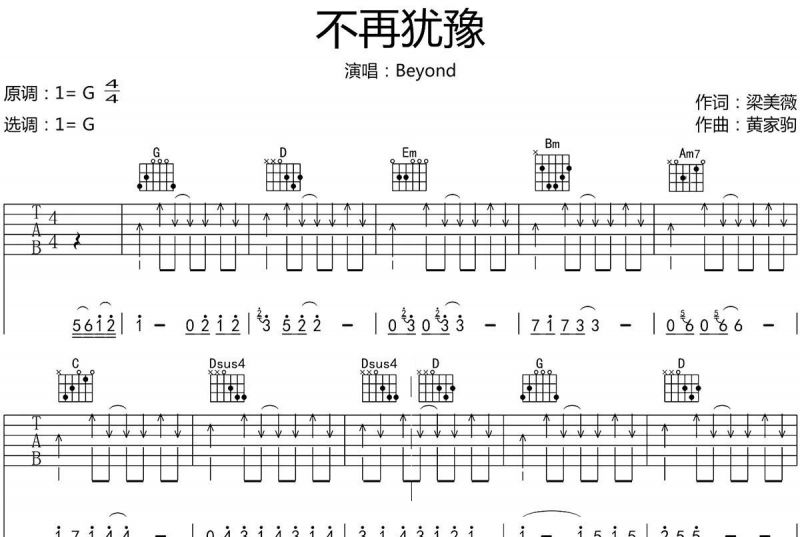 beyond乐队 黄家驹-不再犹豫吉他谱G调六线谱