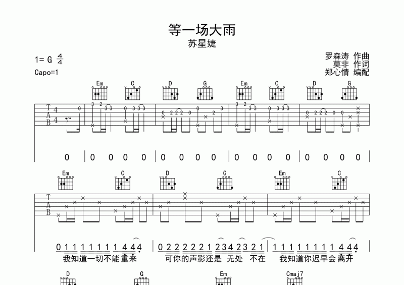 苏星婕-等一场大雨吉他谱G调六线谱