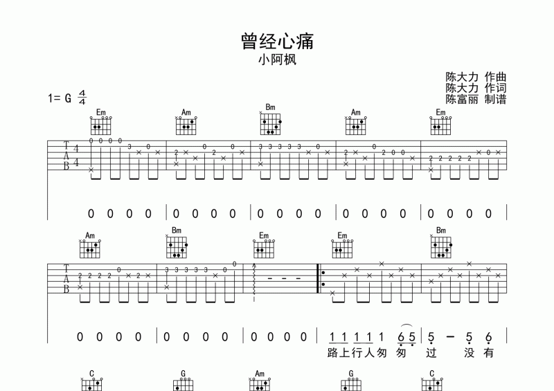 曾经心痛钢琴谱 小阿枫《曾经心痛》五线谱