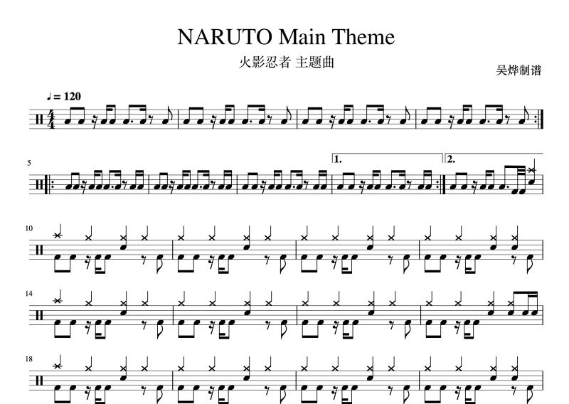 火影忍者 Naruto Main Theme/鸣人主题曲架子鼓谱爵士鼓曲谱