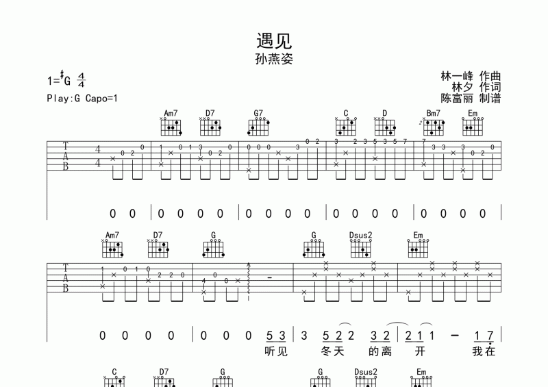 遇见吉他谱 孙燕姿《遇见》六线谱G调