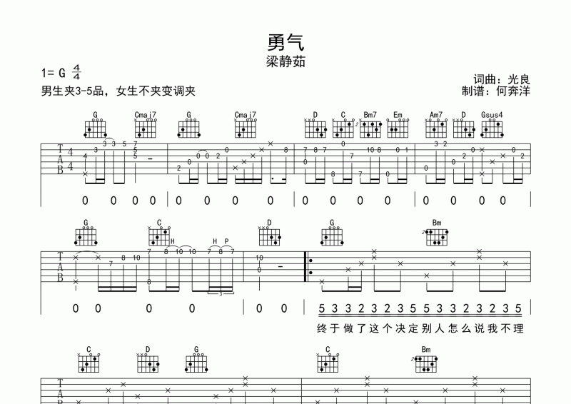 勇气吉他谱 梁静茹《勇气》六线谱G调