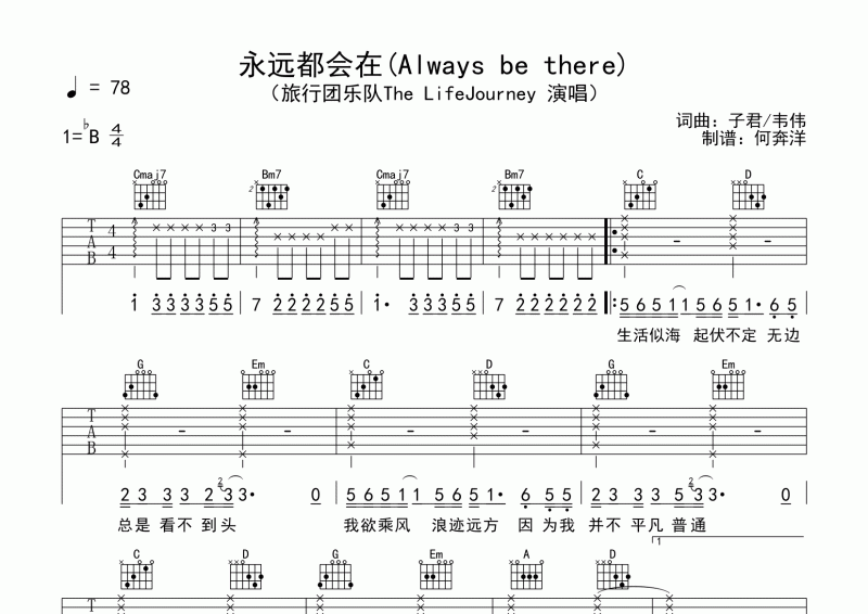 永远都会在吉他谱 旅行团乐队《永远都会在》六线谱