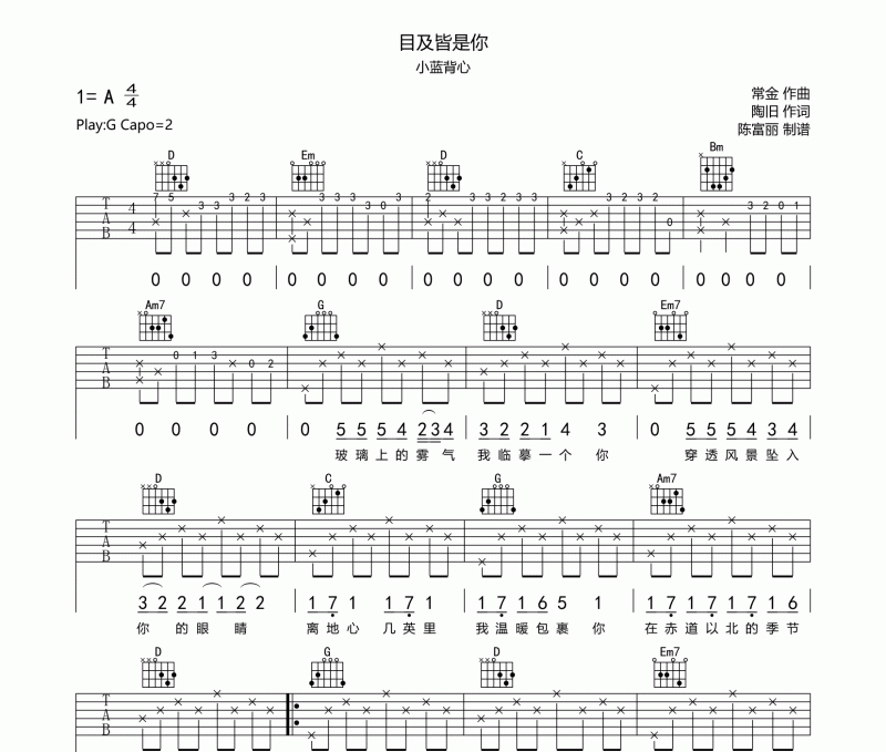 目及皆是你吉他谱 小蓝背心《目及皆是你》六线谱G调