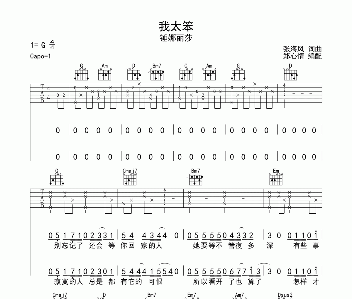 我太笨吉他谱 锤娜丽莎《我太笨》六线谱G调