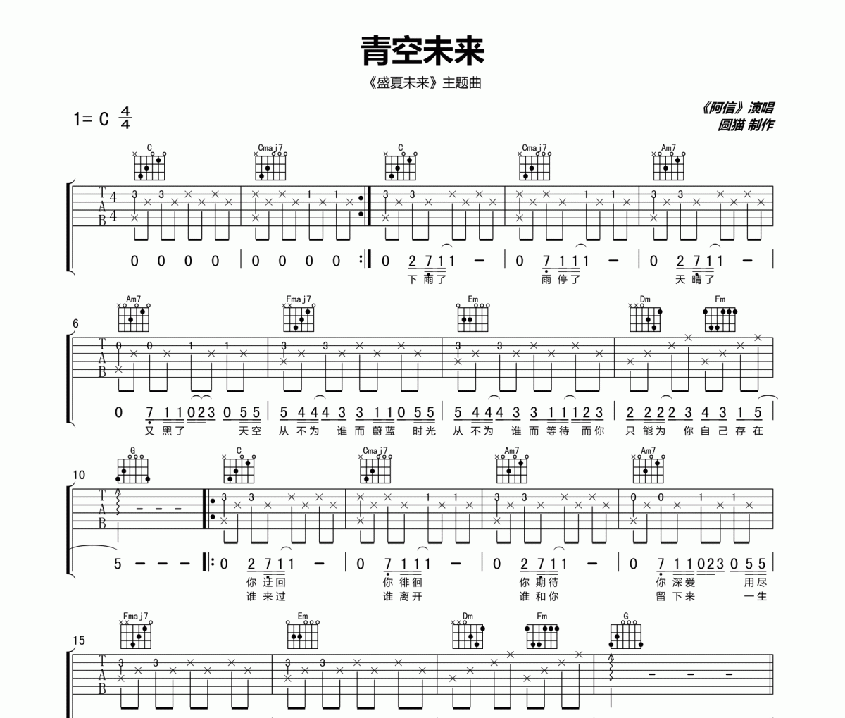 青空未来吉他谱 阿信《青空未来》六线谱C调