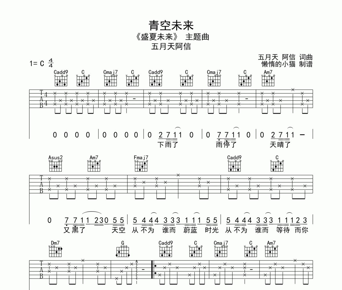 阿信《青空未来》吉他谱六线谱