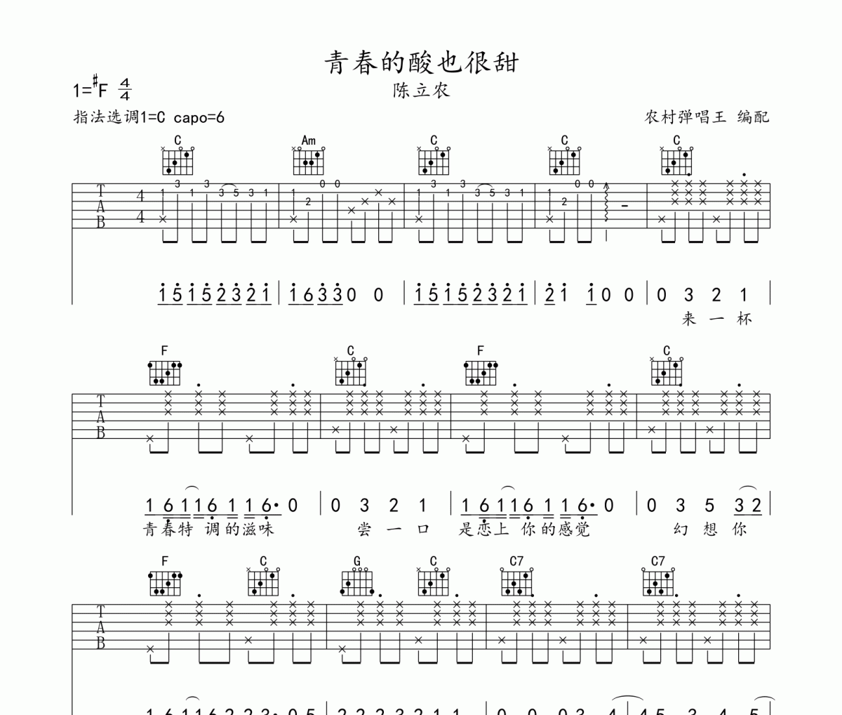 青春的酸也很甜吉他谱 陈立农《青春的酸也很甜》六线谱C调编配