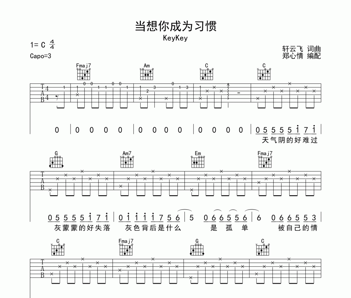 当想你成为习惯吉他谱 KeyKey-当想你成为习惯六线谱