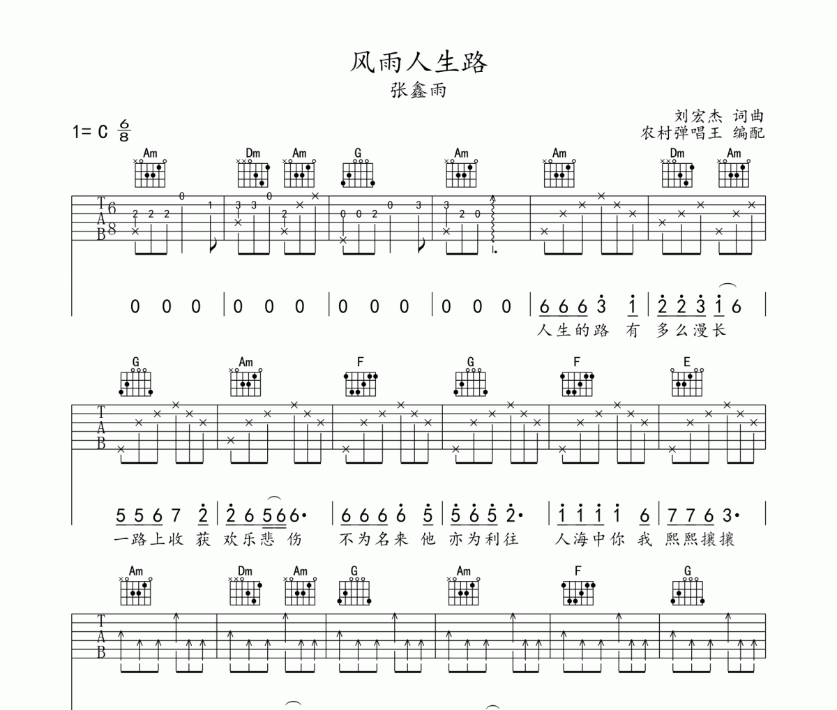 风雨人生路吉他谱 张鑫雨《风雨人生路》六线谱C 调