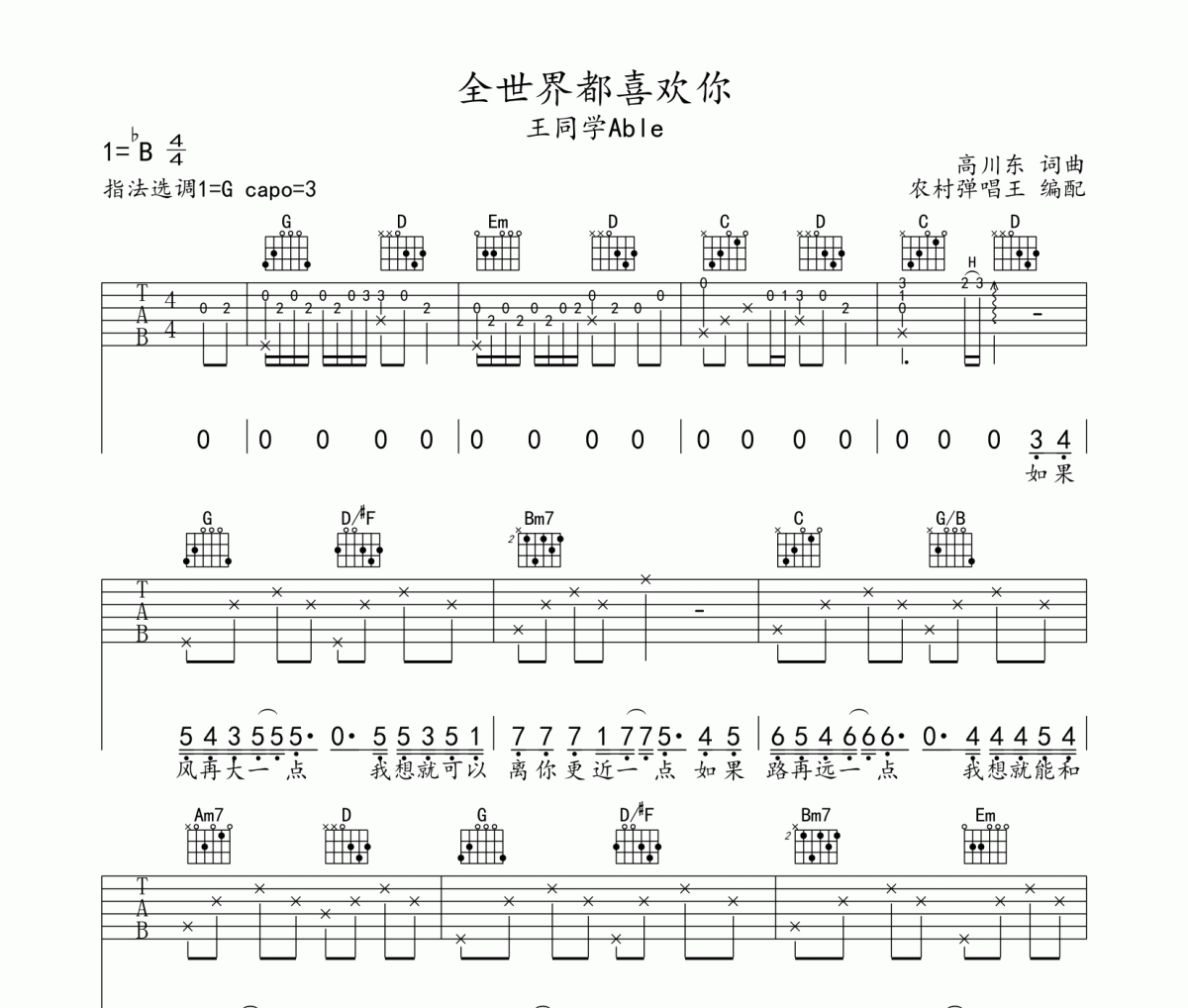 全世界都喜欢你吉他谱 王同学Able-全世界都喜欢你六线谱G调